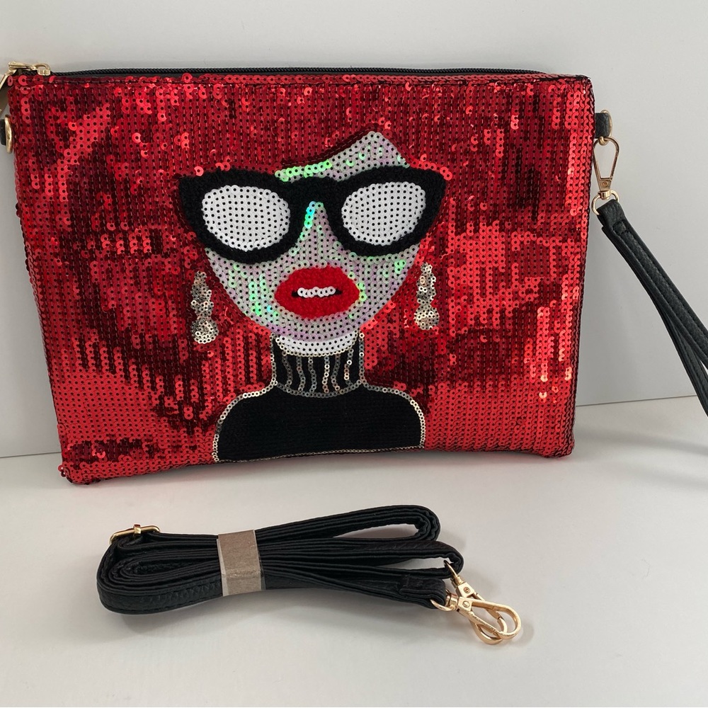 Funny sequined vintage clutch, wristlet or shoulder bag, girl w/glasses LIKE NEW